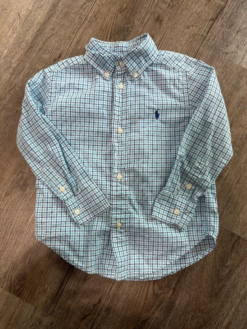 Ralph Lauren Boys 3T Button Down Shirt Long Sleeve Plaid Blue White Collared
